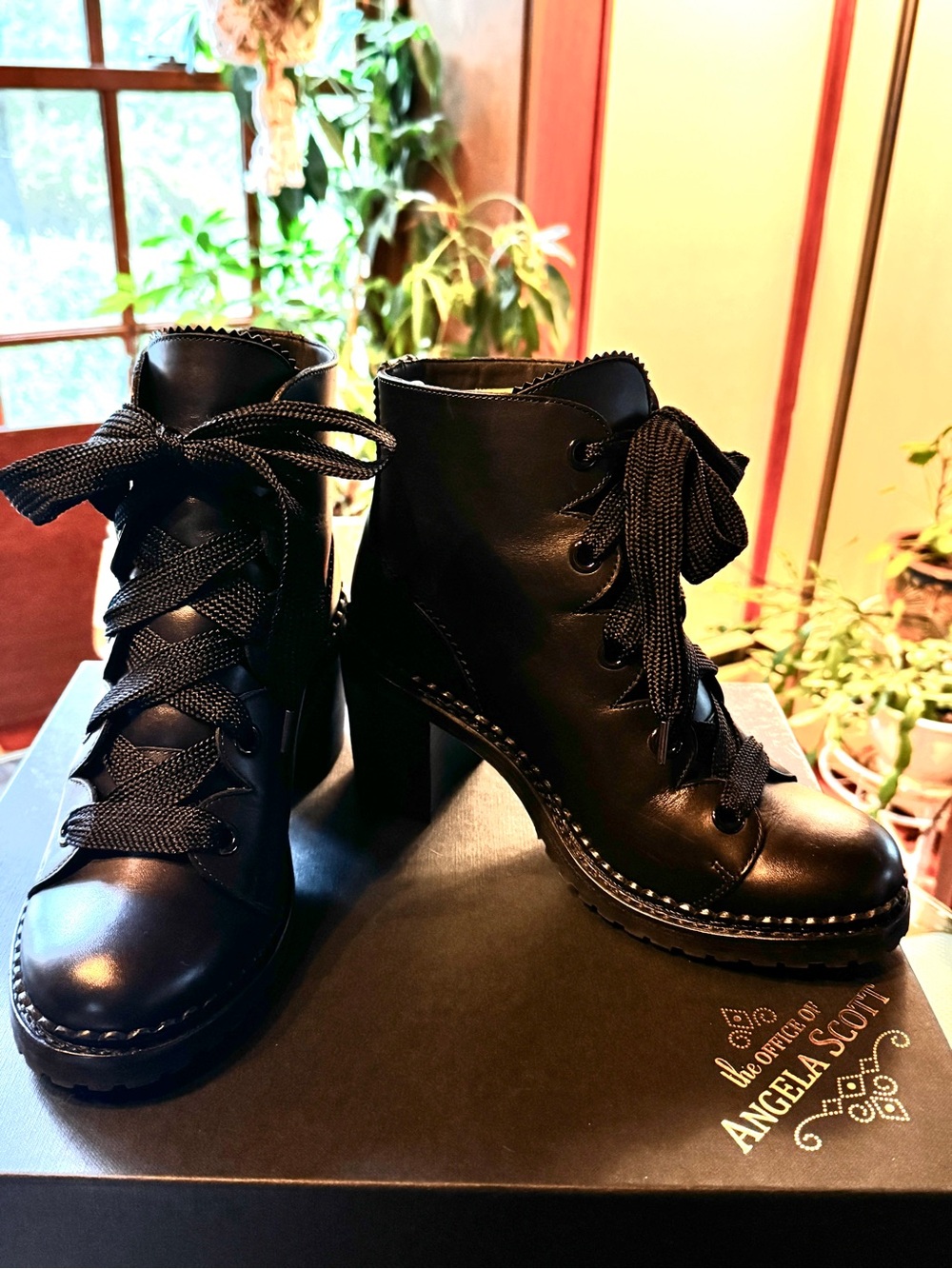 The Office of Angela Scott Mrs. Keira Black Lace-Up Heeled Ankle Boots Like New